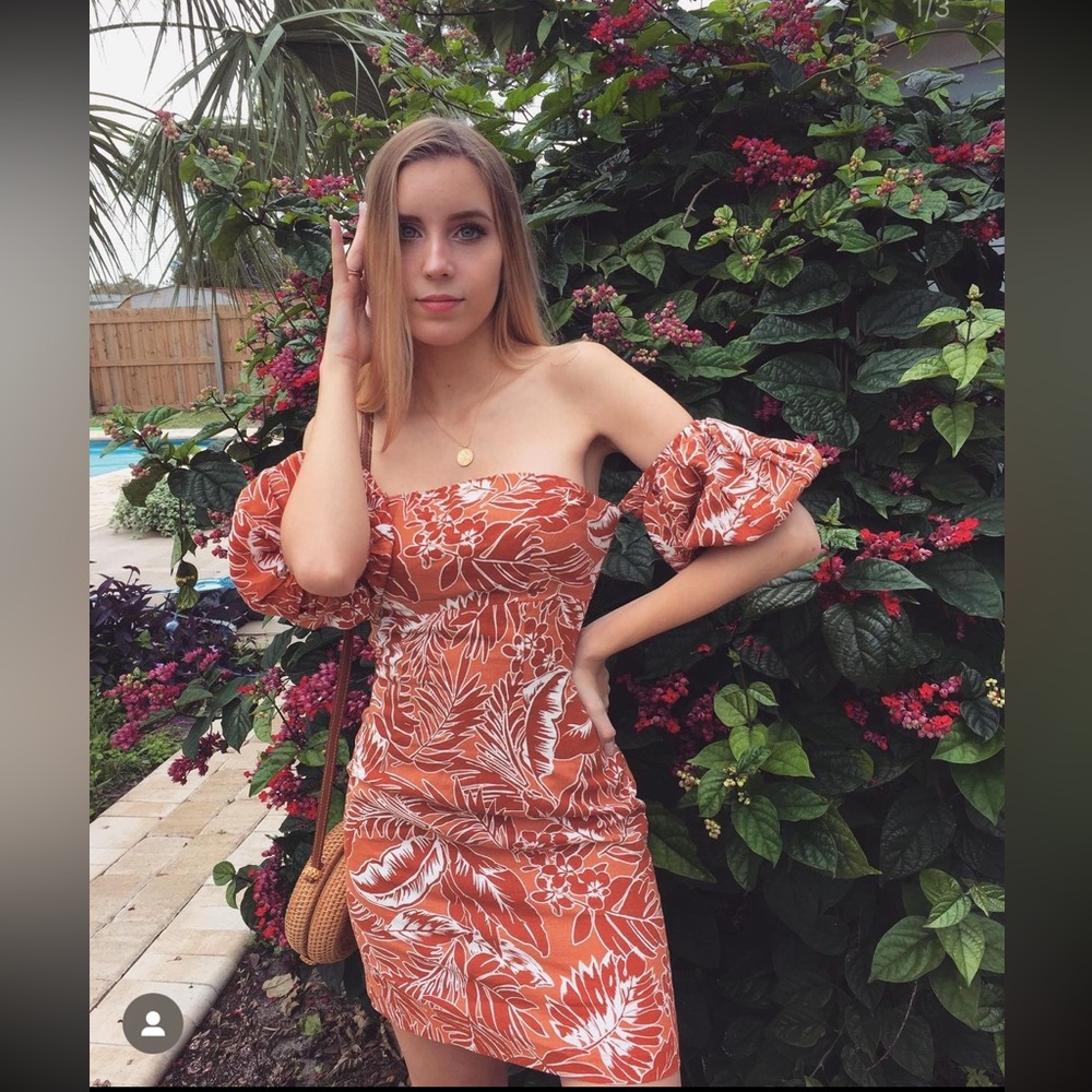 Forever 21 size XS orange palm mini dress with off shoulder sleeves